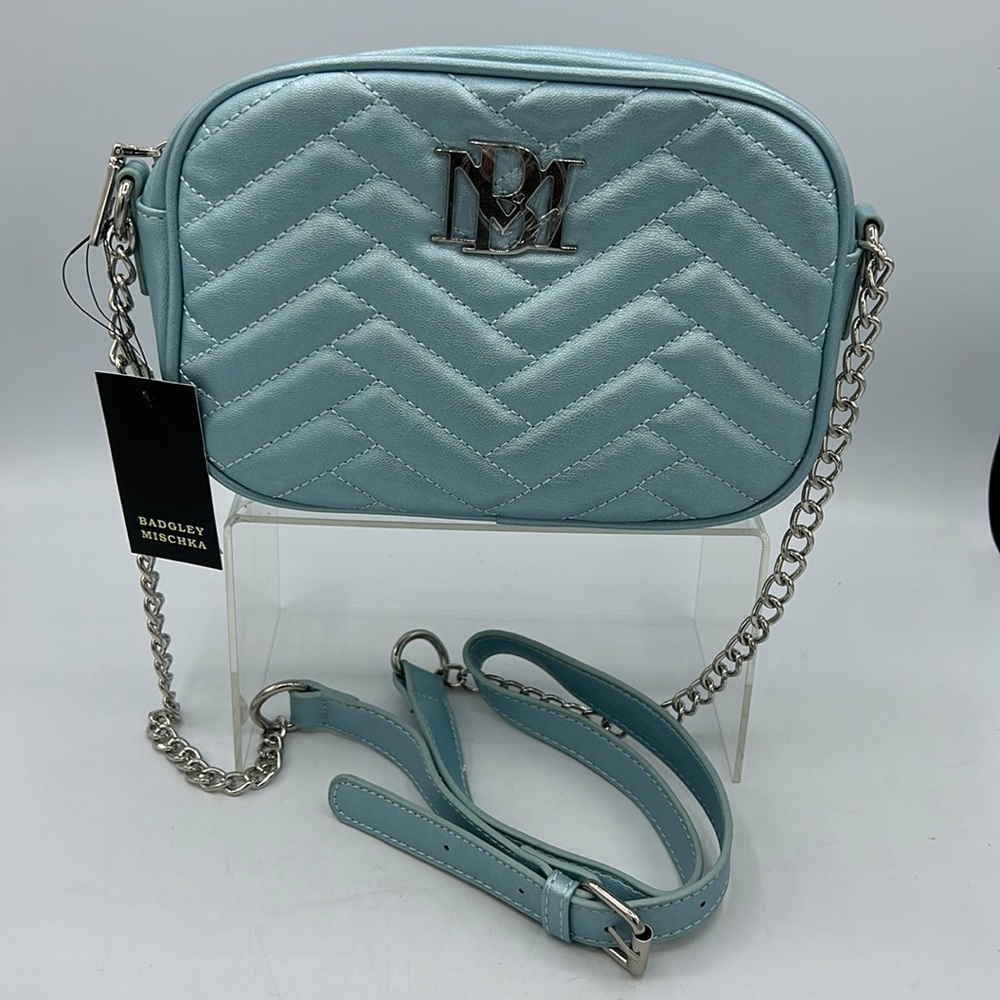 BADGLEY MISCHKA Studio Quilted Vegan Leather Bag Light Metallic Blue NWT